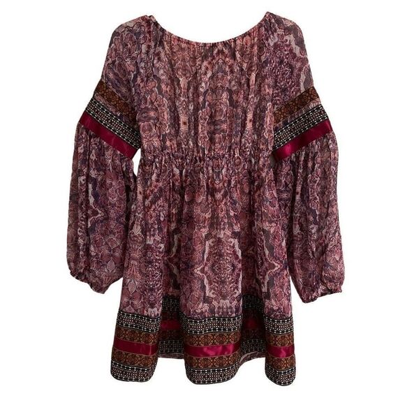 Bebe Fable boho embroidered satin trim balloon  sleeve mini dress women’s S NEW - Picture 9 of 13